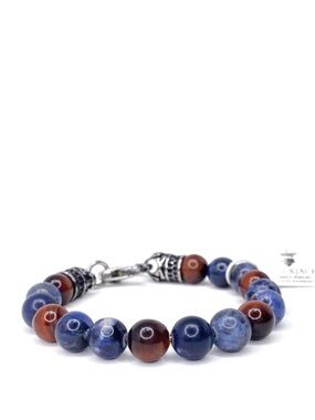 Blackjack Bracelet Beaded Sodalite & Red Tiger Eye Stainless Steel Skull New NWT